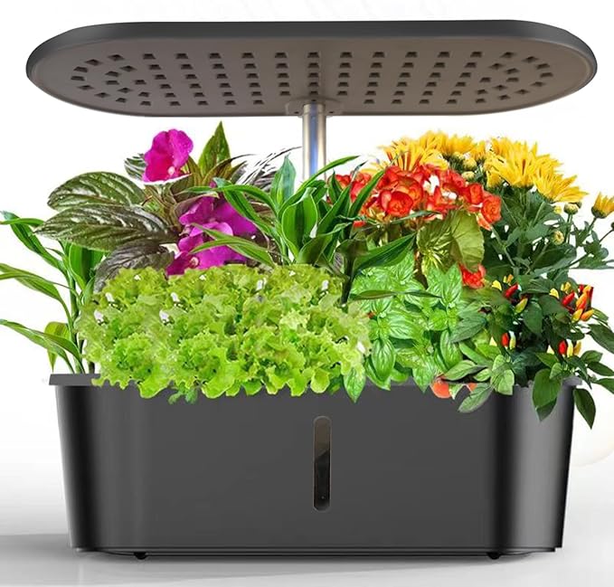 Black Hydroponics Growing System Kit: 10 Pods Indoor Garden with 24W LED Grow Light 3.6L Water Tank Adjustable Height and Smart Controls