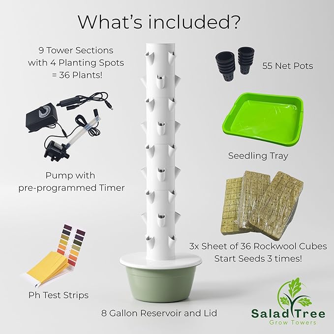 Aeroponic Vertical Tower Garden System 9 Layers with 4 Grow Ports 36 Plant Ports LED Light Kit Soil-Free Growing System for Indoor &amp Outdoor Home Growing (9 Layer Base Kit)