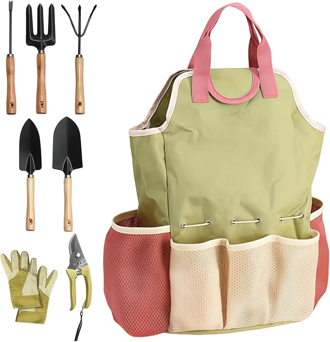 Garden Tool Set 9 Pcs with Wooden Handles Gift for Women &amp Men Includes Tote Bag Transplanter Fork Rake Trowel