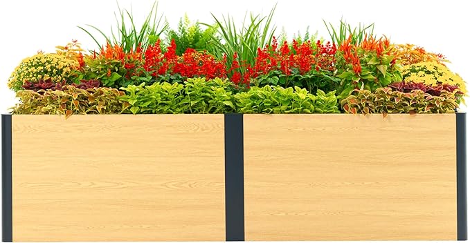 Vego garden Woodgrain Series Raised Garden Bed 26'' Tall 2' x 8' Wooden-Look Metal Planter Box Outdoor for Gardening Vegetables Flowers Herbs