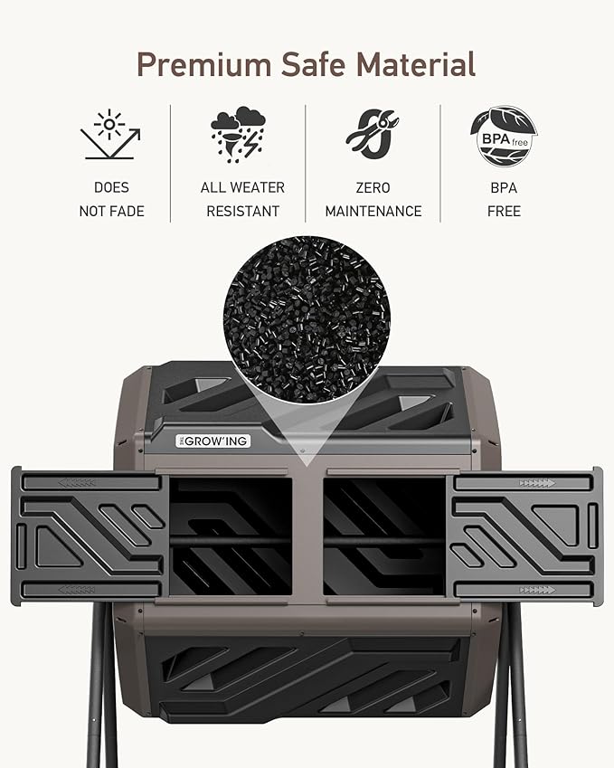 THEGROW'ING Updated 43 Gallon Compost Bin Outdoor Fast Assemble Tumbling Composter Dual Chamber Composter Tumbler Rotating Compost Bin for Outside Backyard Garden and Yard Coffee
