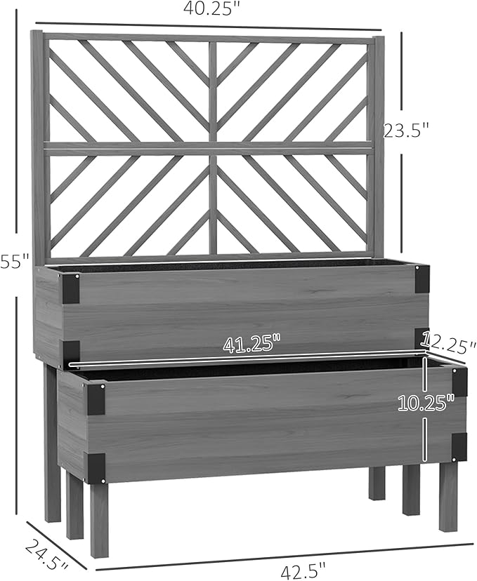 Outsunny Raised Garden Bed with Trellis 2 Tier Wooden Elevated Planter Box with Legs and Metal Corners for Vegetables Flowers Herbs Gray