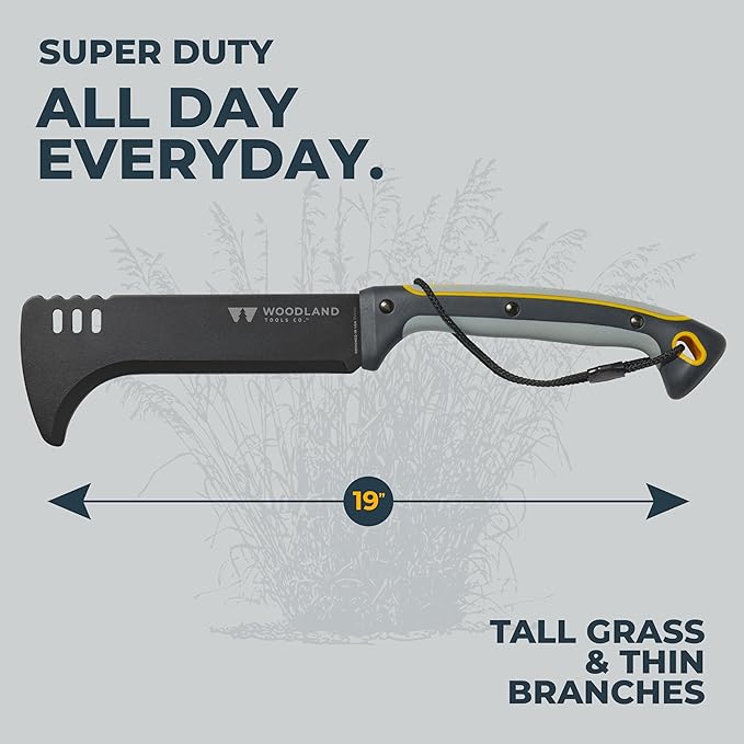 Woodland Tools Super Duty Brush Axe – 9 Inch Curved Blade with Triple Pinned Full Tang Long Handle Batoning Spine and Ballistic Nylon Sheath – Manual Tool for Brush Clearing and Trail Work