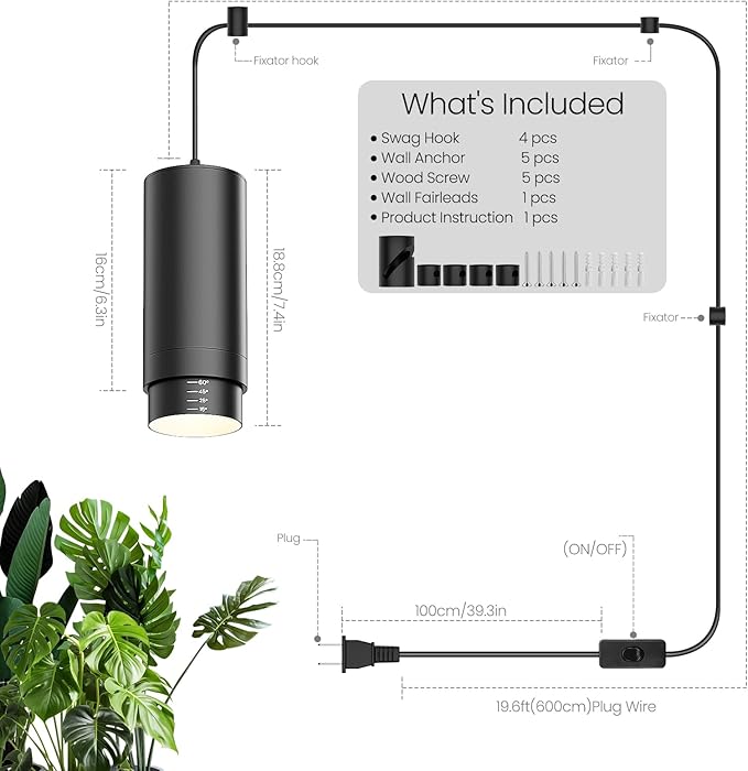 Zoomable Remote Pendant Grow Lights with Auto On/Off Timer 30W Full Spectrum LED Plant Light 2700K-6000K Dimmable Plug in Hanging Lights for Indoor Plants 20FT Power Cord Black