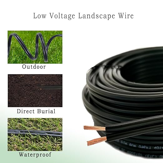 14/2 Low Voltage Landscape Lighting Wire 250ft 14AWG*2C Waterproof Pure Copper Outdoor Direct Burial 250 feet Black