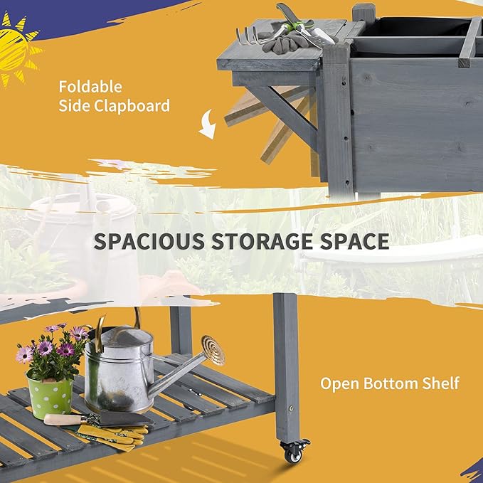 Outsunny Raised Garden Bed with 8 Grow Grids Wooden Outdoor Plant Box Stand with Folding Side Table and Wheels 49 x 21 x 34 for Vegetables Flowers Herbs Gray
