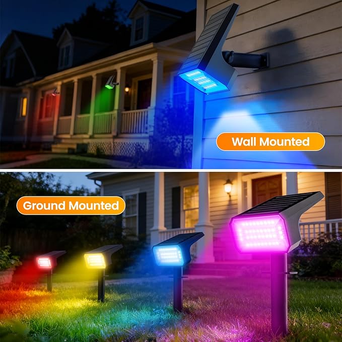 Fabrito Color Changing Solar Spot Lights Outdoor 10 Pack [6+1 Lighting Modes] Auto On/Off RGB Spotlights Waterproof Multicolor Landscape Lights for Garden Tree Halloween Christmas