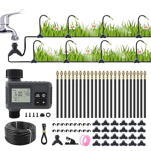 100FT Smart Drip Irrigation System with Water Timer – Automatic Garden Watering System with 360° Bendable Hose &amp 24 Adjustable Nozzles for Garden Yard LawnCompatible with 3/4 &amp 1/2 Hose