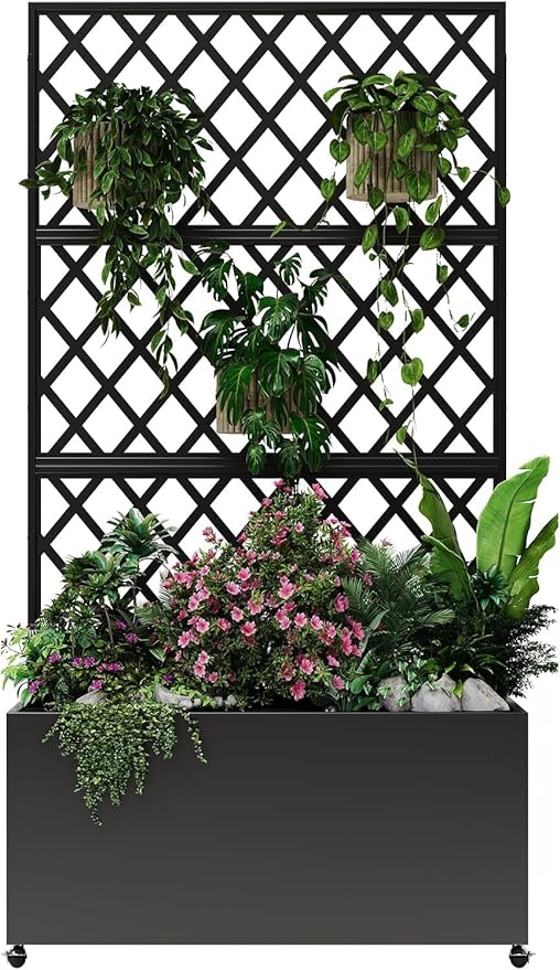 GAOMON Steel Raised Garden Bed with Trellis &amp Privacy Screen - 71x35x16/71x46x16 in Planter Box w/Lockable Casters &amp Drainage Holes for Vines Vegetables on Patio Deck Yard Black