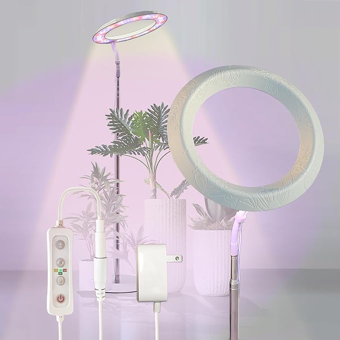 Qux 10” Halo Pro Grow LightFull Spectrum LED Freestanting Plant Grow Lamp for Indoor Larger Plants with 3 Kind of Light Colors switchover &amp 10-Level DimmableAuto On Off Timing 4/8/12Hrs (Relief)