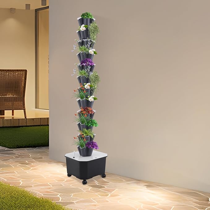 Hydroponic Grow Tower 12 Tiers 60 Holes 6.6Gal Indoor Vertical Garden System with Water Pump Automatic Water Circulation - Garden Hydroponic Growing Kit for Leafy Vegetables Herbs Strawberries