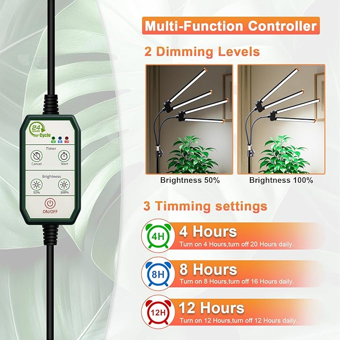 Plant Grow Light with StandSuper Bright 6000K White Full Spectrum Floor Growing Lamp with Rotatable Dual Light Head &amp Height Adjustable 17-62 for Indoor Tall Plants Dimmable &amp Auto Timer 4/