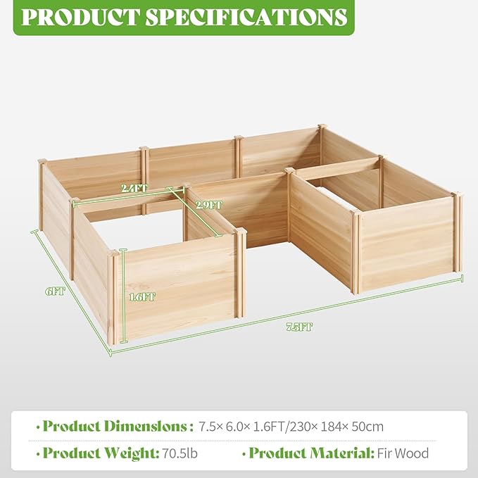 PaPaJet Wooden Raised Garden Bed Large Deep Planter Box for Outdoor Gardening Vegetables Flowers and Herbs 7.5×6.0×1.6FT