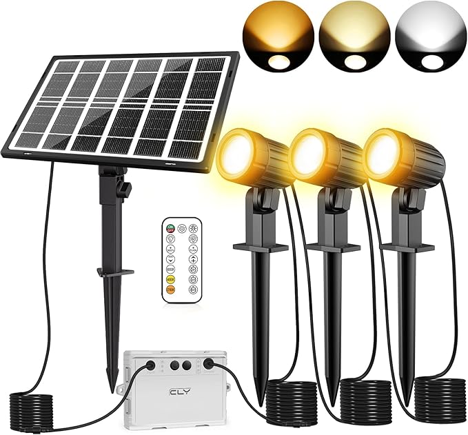 CLY Solar Landscape Spotlights Solar Lights Outdoor IP66 Waterproof Remote Control 2 Dynamic Modes 3 Brightness Adjustable 2700-6500K Auto On/Off 11M Cable for Garden Pathway Trees Flag 3 in 1
