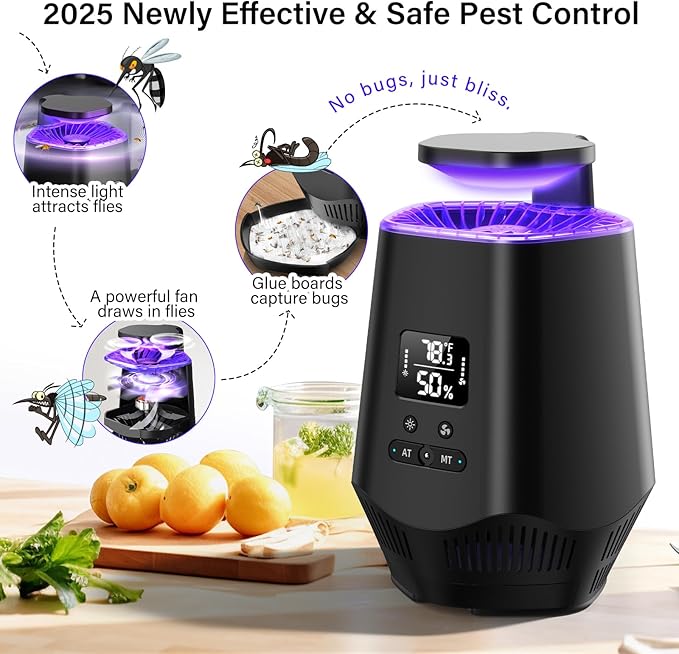 Fruit Fly Traps for Indoors Smart Fly Trap Indoor Bug Zapper Gnat Traps for House Indoor with Temperature and Humidity Sensor 10PCS Sticky Boards Black 02