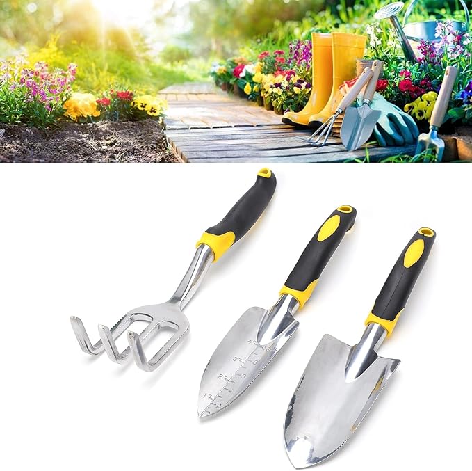 Garden Tool Set 3 Piece Aluminum Alloy Steel with Soft Rubber Handles for Digging and Planting