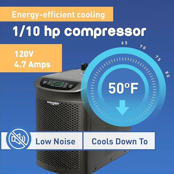 Active Aqua 0.10 HP Water Chiller with Boost | Cold Plunge &amp Ice Bath Cooler | Digital Temp Control | Fresh &amp Salt Water Hydroponics Aquariums | 10–40 Gal