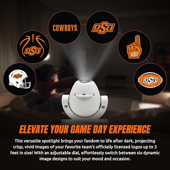 Sporticulture NCAA American Football Oklahoma State Cowboys - Adjustable Led Mini Spotlight Projector with 6 Team Logo Designs - Portable &amp Rechargeable Spotlight - Battery-Operated - 4.375” x 3.1