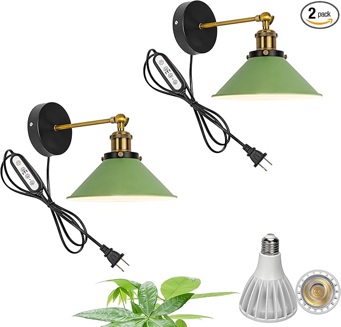2-Pack Hook Type Wall Mounted Plant Light Full Spectrum 25W 6000K White Light Vintage Green Metal Adjusted Angle Timing Wall Lamps for Plants Flowers Indoor Growing
