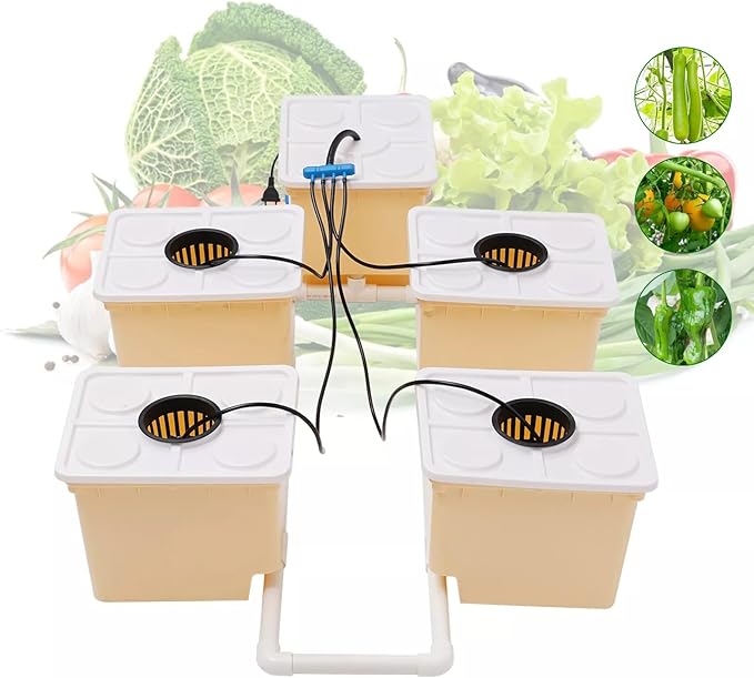 5-Buckets 2.91gal DWC Hydroponic System Kit Weed Growing Kit Indoor Dutch Buckets w Lid Hose Clay Pebbles Bucket Drip Growing System for Cultivating Tomatoes Peppers Sorrel Chard Kales