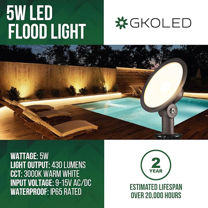 GKOLED 4-Pack Low Voltage LED Landscape Flood Light 9-15V AC/DC Outdoor Wall Wash Lighting 5W 450LM Waterproof Landscape Spotlight with Slot Spike 3000K Adjustable Knuckle Mount Die-cast Aluminum