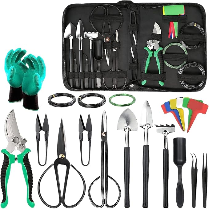 24 pcs Multifunctional Garden Tool Set New Stainless Steel Succulent Pruning Weeding Scissors Glove Liner Potting Tools with Hard Case