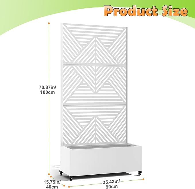 Metal Raised Garden Bed with Trellis 2-in-1 Planter Box &amp Privacy Screen for Climbing Plants Outdoor Standing Flower Bed with Drainage Holes 35.4 L x 15.7 W x 70.1 H White-Zodiac