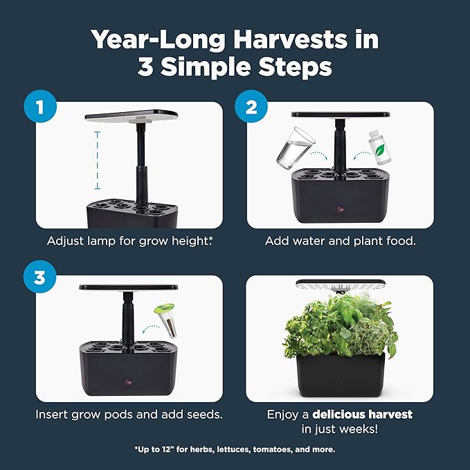 AeroGarden Harvest Lite in Black Soil-Free Indoor Hydroponic Garden with LED Grow Light for Year-Round Gardening of up to 6 Herbs and Vegetables