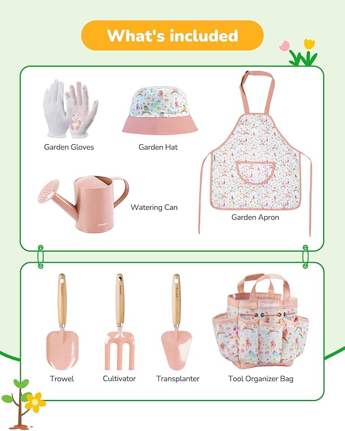 Kids Gardening Set Toys Quality Garden Tool Kit for Kids and Toddlers Includes Two Shovels Garden hatRake ApronGloves Watering Can and Tool Bag (Pink)