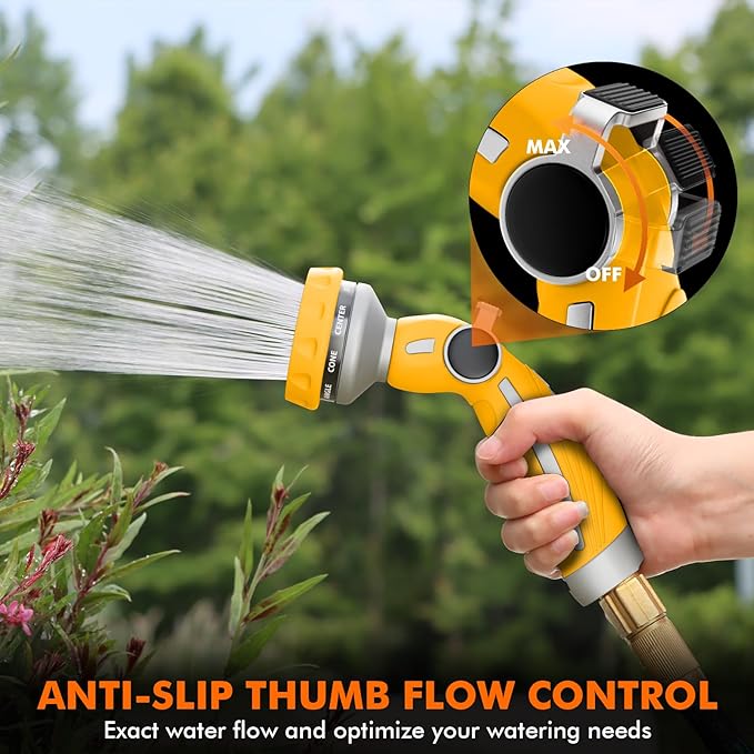 RESTMO Hose Nozzle Heavy Duty Metal Water Hose Sprayer for Garden 9 Spray Patterns | High Pressure | Thumb Flow Control | On/Off Valve Ideal for Lawn &amp Plant Watering Car &amp Pet Washing Ye
