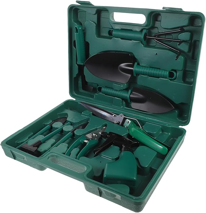 COHEALI Garden Tool Set with Rake and Outdoor Shovel 10pcs Portable Gardening Tools for Planting and Pruning with Carrying Case for Lawn and Garden Maintenance
