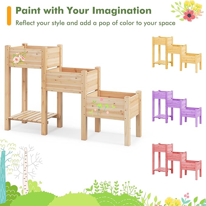 3-Tier Raised Garden Bed with Legs Fir Wood Garden Bed with Drainage Holes Indoor &amp Outdoor Elevated Standing Bed w/Open Storage Shelf Vegetable Flower Herb Raised Planter Boxes