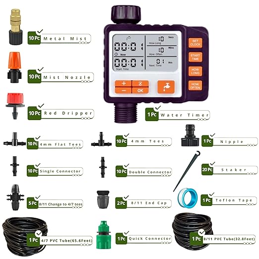 Drip Irrigation System Kit with Timer Metal Mist Plastic Mist Nozzle Red Dripper 1/4 (65.6 feet) and 5/16 Tube (32.8 feet)Automatic Watering System Garden Watering System with Timer Greenhouse