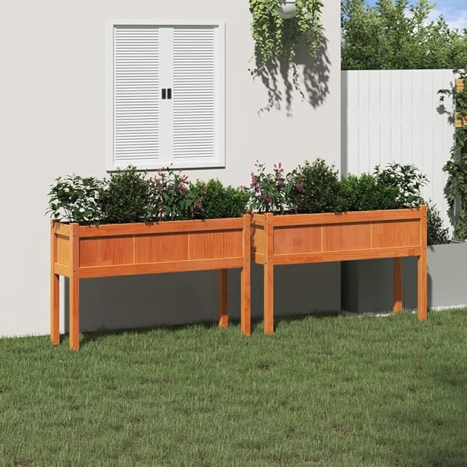 Garden Planter Set of 2 Wax Brown Solid Pine Wood 43.3 x 43.3 x 27.6 in Raised Garden Bed for Outdoor Plants Gardening
