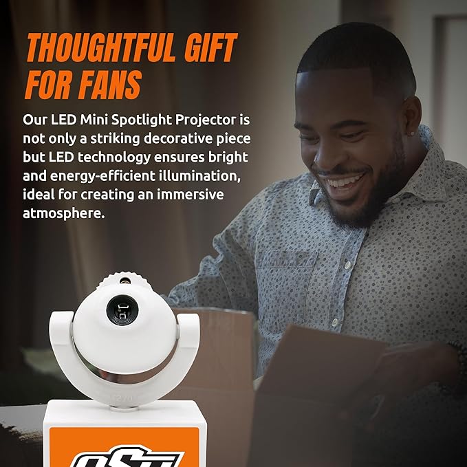 Sporticulture NCAA American Football Oklahoma State Cowboys - Adjustable Led Mini Spotlight Projector with 6 Team Logo Designs - Portable &amp Rechargeable Spotlight - Battery-Operated - 4.375” x 3.1