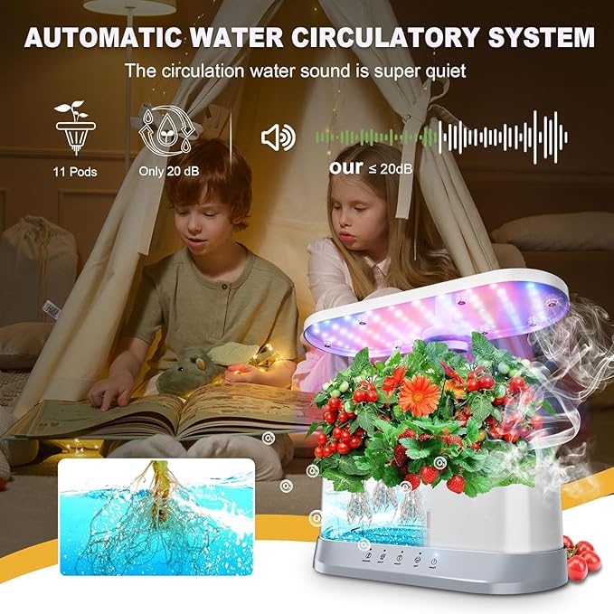 Hydroponics Growing System Mist Humidifier 11 Pods Indoor Garden Plant Germination Kit with LED Full Spectrum Grow Light Auto Timer Adjustable Height Smart Hydrophonic Planter