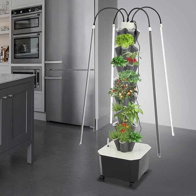 40 Plants Vertical Hydroponics Growing System Kit Smart Tower Garden Hydroponic Herb Garden Planter Indoor Kit with Water Circulation &amp LED Full-Spectrum Supplementary Lighting (Gray)