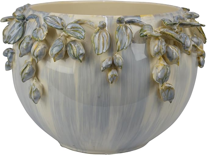 Decorative Bowl Planter White Ceramic with Floral Rim 12 Inch