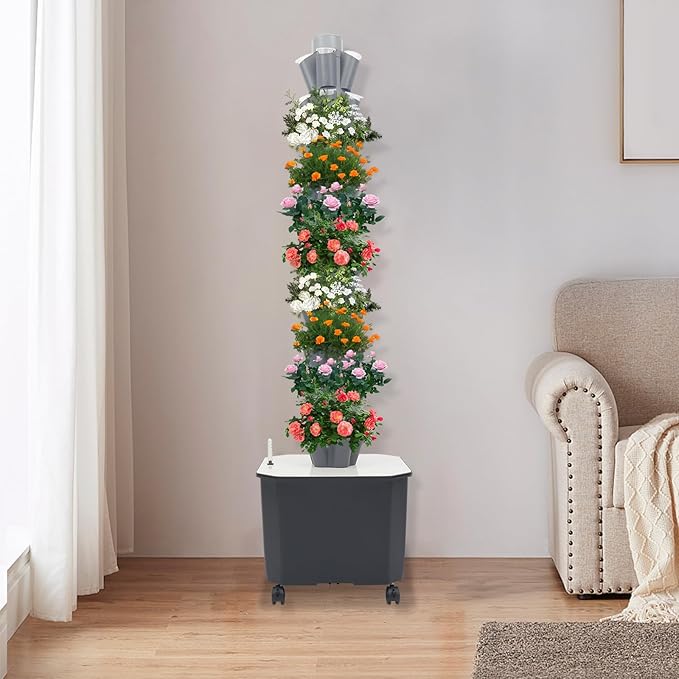10-Tier 50-Hole Vertical Hydroponic Growing System with Wheels &amp Timer | Indoor Outdoor Herb Garden Kit for Lettuce Strawberries Vegetables | Soilless Self-Watering Planter (Grey)