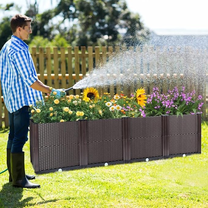 Emalie Deep Raised Garden Beds Large Plastic Planter Box with Drainage Plugs for Veggies Flowers Herbs Deep Root Plants Growing 63.0 Lx15.7 Wx16.9 H Brown