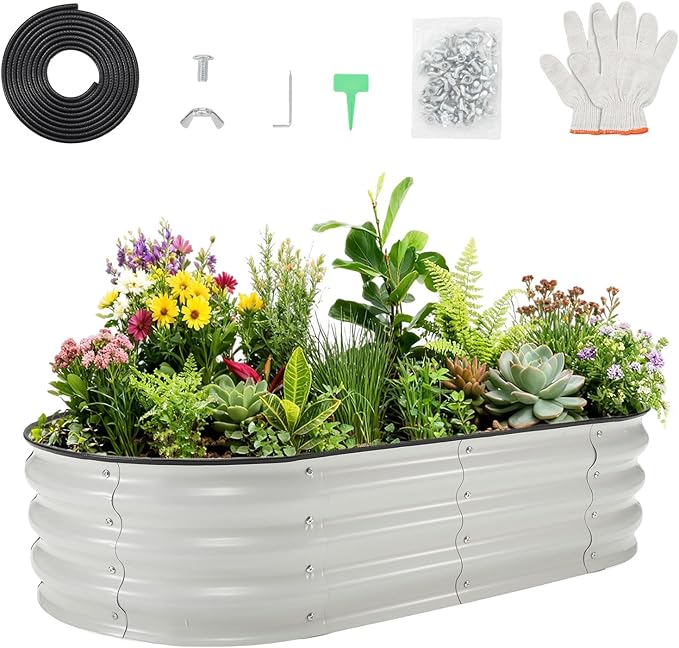 4X2x1Ft Galvanized Raised Garden Bed-Outdoor Birdies Raised Bed for Gardening Flowers and VegetablesOpen Base DrainageSafe Rubber Edging Rust-Resistant Steel