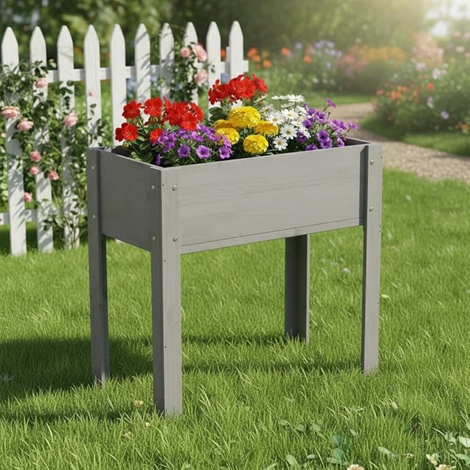 Raised Garden Bed with Legs Elevated Wooden Planter Box for Backyard Patio Balcony Deep Grow Box for Vegetables Flowers Fruits &amp Herbs (Grey 31x31x16in)