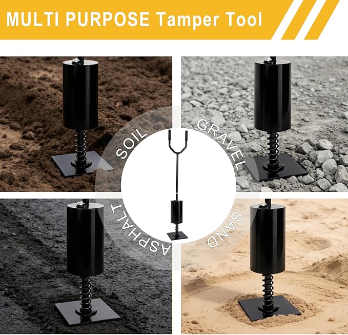 Spring Loaded Tamper Tool Heavy Duty Tamper for Garden &amp Landscaping Tools 8 x 8 Steel Base Fillable Weight Tube Shock Absorbing Spring for Soil Sand &amp Gravel
