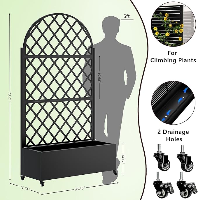 Round Metal Planter Box with Trellis and Built-in Drainage System Raised Garden Bed with 4 Wheels Trellis &amp Privacy Screen for Climbing Plants Vegetables Vines