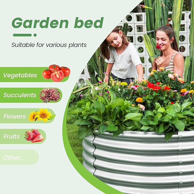 Land Guard 4×4×2ft Galvanized Raised Garden Bed Kit 2Pcs Planter Raised Garden Beds Outdoor Round Clearance Raised Garden Beds for Gardening Vegetables (Silver)