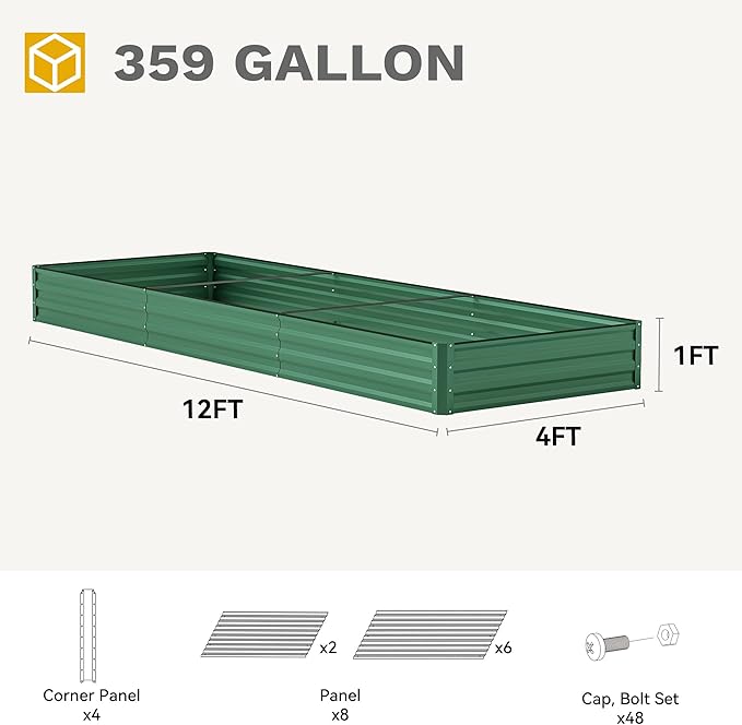 DWVO 12 x 4 x 1 FT Raised Garden Bed Kit Outdoor Galvanized Flower Bed with Safety Rubber and Gloves Large Metal Planter Box for Vegetables Flowers Herbs Fruits Green