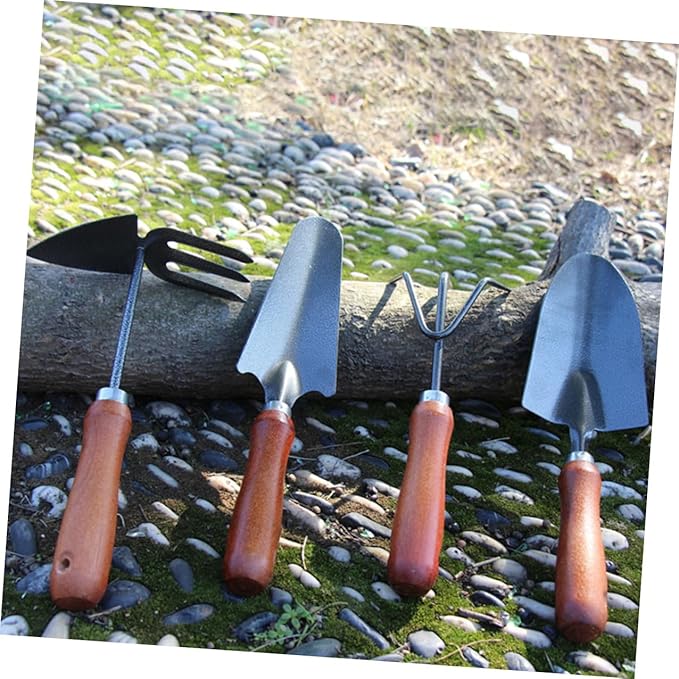 Garden Tool Set 4pcs Mini Hand Trowel and Narrow Spade with 3-Prong Rake Dual-use Hoe and Soil Scoop for Flower Planting and Vegetable Gardening