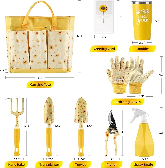 Garden Tool Set with Sunflower Print Heavy Duty Gardening Hand Tools with Garden Tool BagGardening Gifts for Women&ampMenYellow