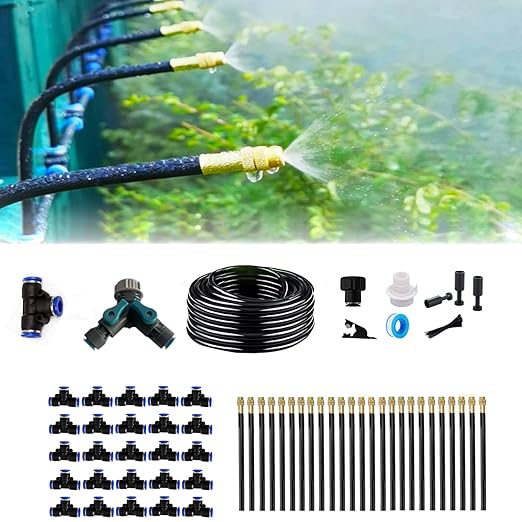 New drip Irrigation kit Automatic Garden Watering System Quick Connector and 360-degree Bending Dropper atomizing Copper Nozzle Garden Plant Lawn Courtyard Watering System. (100FT)