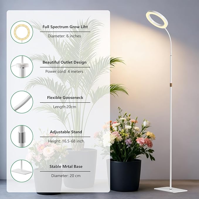 Dual Head Grow Light for Indoor PlantsFull Spectrum Halo Plant Lights with Stand Floor Standing Growing Lamp with Adjustable HeightAuto TimerDimmable Brightness for Tall Large Plant（White